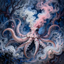 a beautiful terrifying squid smoke twisted trees floating cloth whirlpool, sorayama ethereal horror fantasy art blue, pink, white hues by karol bak raymond swanland, gaston bussiere craig mullins alphonse mucha basil gogos, monet, ruan jia, by wlop, moebius syd mead roger dean yoshitaka amano