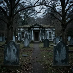 an eerie and unnerving graveyard, with tombstones and crypts.