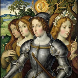 jeanne d'arc in the style of william blake, terese nielsen, detailed, intricate, beautiful faces, steve argyle, triumphant fate, pastoral fantastic reality