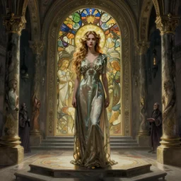 a gorgeous woman with long light-blonde hair wearing a long dress, standing on the altar of carcosa in distance, 1920 style, lovecraft horror, highly detailed, digital painting, artstation, sharp focus, illustration, art by artgerm and alphonse mucha