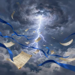Storm of flying scrolls and blue ribbons. Clouds, lighting. Fantasy, digital painting, HD, 4k, detailed, vibrant.