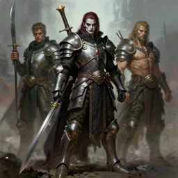 full figure of a tech goth soldier wearing armor by simon bisley, john blance, frank frazetta, fantasy, barbarian