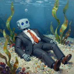 an underwater painting of a robot wearing a suit and tie laying in aquarium gravel surrounded by plastic seaweed, a digital painting by frieke janssens, trending on artstation, cloisonnism, digital painting, digital illustration, retrofuturism