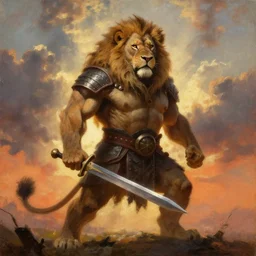 oversized muscular lion as barbarian with chest armor and sword in epic pose and hard backlight from sunset  , very textured detailed oil painting panoramic backlight portrait by rembrandt, backlight, dramatic clouds ,sun rays