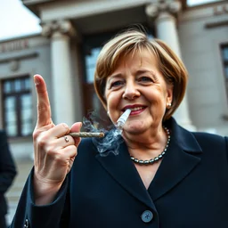 angela merkel shows middle finger and smokes a joint, fat grin, deep red eyes, in front of the government building