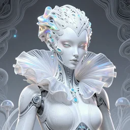 portrait of an absurdly beautiful, graceful, sophisticated, fashionable cyberpunk mechanoid, hyperdetailed illustration by irakli nadar, matt wisniewski style, intricate linework, white porcelain skin, iridescent fractal headdress, day - glow facepaint, jellyfish ruff neckware, unreal engine 5 highly rendered, global illumination, radiant light, detailed and intricate environment