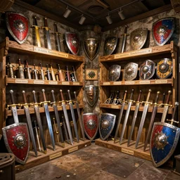 Inside an old Weapon Shop, Items on shelves, Swords, Shields, beautiful labels, fantasy vendor interior, wide angle, highly detailed, rich bright colors, trending on artstation