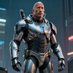 a still from Blade Runner 2049 of Dwayne Johnson in futuristic power armor, highly detailed, 4k, cyberpunk