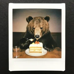 polaroid photo of a bear eating cake