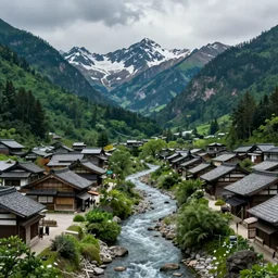 Old japanese architecture village in a  Japanese valley, cinematic sky, green mountains with snow peaks, river flowing in between, digital art, 4k, 8k, trending on ArtStation