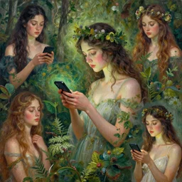 goddess of nature checking her phone, magic realism, art by josephine wall, art by huang guangjian, art by by viktoria gavrilenko, art by amanda sage ( ( ( collage ) ) ) ( ( ( album ) ) )