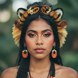 beautiful female portrait, taino, ( ( head shot ) ) haze, tiger, neo classic, 5 0 mm, sony, puerto rico, symmetrial, face, makeup, sephora, shades, octane render, vouge, national geographic, maybelline, model, gorgeous, traditional, film grain, vsco, bokeh, 8 k, unreal engine