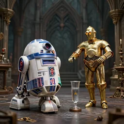 r 2 d 2 and c 3 po, inspired by russian moonshine distiller, ussr, vodka, depth of field, detailed and intricate gothic environment, 8 k resolution, hyperrealistic, octane render