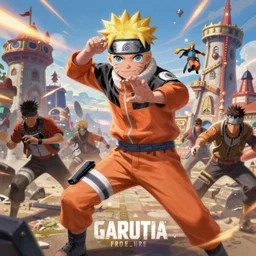 a highly detailed painting of naruto playing Garena Free Fire fulfilling an important mission and fighting against many opponents in clock tower