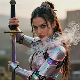 bodybuilder mila kunis closeup portrait of a beautiful biblical diabolical samurai girl looking into the camera holding a sword, cyborg neon lit lsd armor, puffs of smoke, golden hour, gerald brom, mikhail vrubel, peter elson, muted pastel colors, extreme detail, light rain, trending on artstation, 8 k
