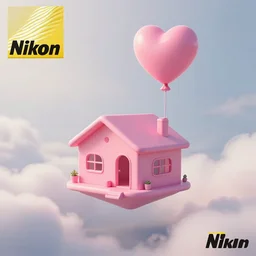 a 5 0 mm lens photograph of a cute pink floating modern house, floating in the air between clouds, inspired by the movie up, held up from above by a heart - shaped ballon. mist, playful composition canon, nikon, award winning, photo of the year