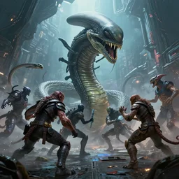 a hyperrealistic illustration of several creatures fighting a giant alien snake in a huge spaceship, fantasy art, artstation, trending, ultra detailed, emotional