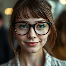 a portrait photograph of a nerdy young woman with big glasses, dof, sharp focus, slight smile, highly detailed face, symmetric face, realistic iris, cinestill 8 0 0 t, photography by paolo roversi