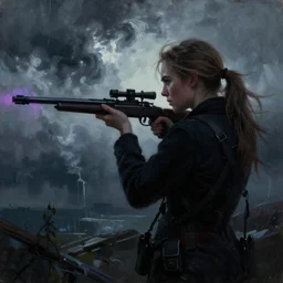 silhouette of Elle Fanning as a sniper, stormy weather, extremely detailed masterpiece, oil on canvas, low-key neon lighting, artstation, Blade Runner 2049, Roger Deakin’s cinematography, by J. C. Leyendecker and Peter Paul Rubens,