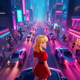 exterior shot, ready player one, city streets , cityscape  , scifi futuristic vehicles, robots  , young woman with blonde hair and red dress in the foreground  , neon lights, james gurney, katsuhiro otomo, james paick, cinematic lighting, artstation, vibrant nature, anime style, Craig Mullins, Greg Rutkowski, Pete Morbacher, Tuomas Korpi, tekkon kinreet, volumetric light, artstation, , octane render, redshift render, high angle camera, HDRI