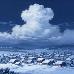 little village in snowy night, beautiful cloud, quiet, anime background, illustration, sharp focus, intricate, smooth, super wide angle, trending on artstation, trending on deviantart