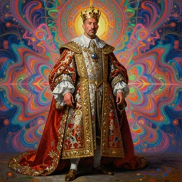 beautiful oil painting, full length portrait of dwayne the rock Johnson in baroque coronation robes 1701, Dan Mumford, Dan Mumford, Alex grey, hyacinthe rigaurd, highly detailed , lsd visuals, dmt fractal patterns, visionary art, psychedelic art, ornate, vaporwave, baroque, Greg rutkowski