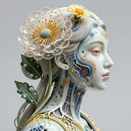 intricate hyper detailed ultra sharp 3 d render of a beautiful porcelain woman profile portrait, 1 5 0 mm, large pore fungi embroidered, cyberpunk art nouveau, haute couture alexander mcqueen leaves stems dahlia transparent fractal dandelion yellow pistil filigree roots, intricate details, anatomical, flesh ornate, facial muscles, cable wires, elegant, hyper realistic, ultra detailed, octane render, volumetric cinematic lighting, 8 k post - production