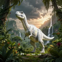 a ghost dinosaur in a prehistoric jungle, lush flora, waterfall, mountains, dark towering clouds, flowers, vines, sunset, volumetric lighting, rtx on, washed out colors, an award winning digital render, beautiful, ultradetailed, great composition