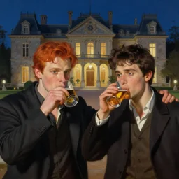 attractive male mike with ginger hair and attractive male tyler with brunet hair, drinking their hearts out, in their noble mansion, at night. highly detailed painting by gaston bussiere, craig mullins, donato giancola 8 k