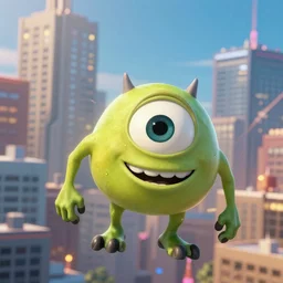 sully from monsters inc octane render ray tracing soaring above the cityscape