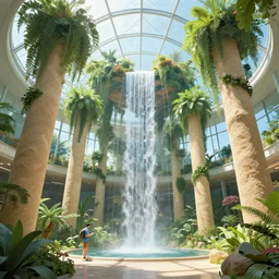 interior of a beautiful glass ziggurat with sand pillars, lush gardens hanging, waterfall in center, by peter mohrbacher dan mumford craig mullins nekro, cgsociety, pixiv, volumetric light, 3 d render