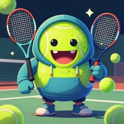 a tennis ball monster wearing a hoodie ,tennis ball, tennis racket, colorful, digital art, fantasy, magic, trending on artstation, ultra detailed, professional illustration by Basil Gogos