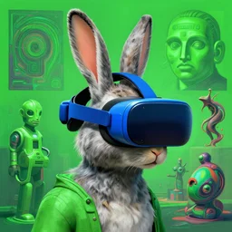 rabbit groot blue vr glasses headset by artstation, + green +, deviantart, artfol, artbox, cgsociety, gfxartist, artful, zatista, artpal, instagram, blendernation, frank stella, beeple, giger, kopera, zawadzki, abstract, surrealism, hyperrealism, futurism 4 k, octane