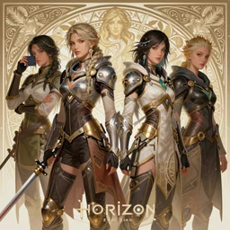 a kpop girl group in the world of horizon zero dawn, intricate, elegant, highly detailed, digital painting, artstation, concept art, smooth, sharp focus, illustration, art by artgerm and greg rutkowski and alphonse mucha, 8 k