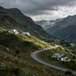 alpine landscape with windy road and modern houses designed by frank lloyd wright scattered on the mountainsides, photo realism, dramatic lighting, high quality digital art, unreal engine, cinematic