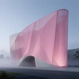 parametric architecture, museum, concrete, facede fabric and mesh in faded pink, morning fog, blue hour, archviz, cgi, trending on artstation, corona renderer, unreal engine, ray tracing