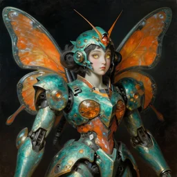 a baroque neoclassicist close - up renaissance portrait of a teal and orange iridescent whimsical 1 8 0 0 s japanese mecha gundam butterfly witch. reflective detailed textures. glowing eyes, dark background. highly detailed fantasy science fiction painting by moebius, norman rockwell, frank frazetta, and syd mead. rich colors, high contrast. artstation