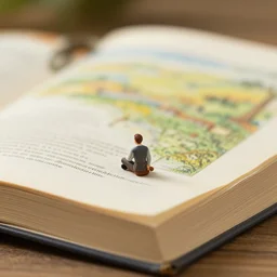 a miniature man sitting on top of an open book, a stock photo by william harnett, featured on cg society, academic art, shallow depth of field, depth of field, storybook illustration
