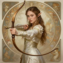 Elizabeth Olsen as a elf archer, cute, fantasy, intricate, elegant, highly detailed, centered, digital painting, artstation, concept art, smooth, sharp focus, illustration, art by artgerm and H R Giger and alphonse mucha