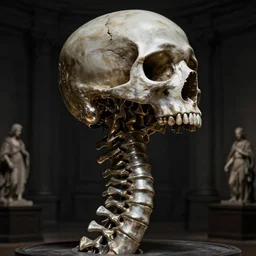 intricate, smooth, large metallic skull atop coil of smooth spinal columns, inside a dark room, style by caspar david friedrich and wayne barlowe and ted nasmith.