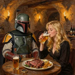Boba Fett and a beautiful young blonde drinking beer in a wine cellar, food, meat, schnapps, torches on the wall, romantic, love, inviting, cozy, painting!! by Vladimir Volegov!!!