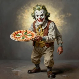 wrinkled! old man wearing pulcinella mask, with a pizza! margherita di napoli, menacing appearance, dramatic backlight, full body, highly detailed, an ultrafine detailed painting by joe fenton, trending on deviantart, masterpiece, very coherent