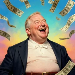 A psychedelic portrait of very obese laughing and fat jeff bezos with money falling from sky, vibrant color scheme, highly detailed, in the style of romanticism, cinematic, artstation, Moebius, Greg rutkowski