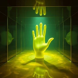 a room of glass and oil, water caustics, the giant hand is inside, euphoria, transcendence!!!, film still from the movie directed by denis villeneuve and david cronenberg with art direction by salvador dali and dr. seuss