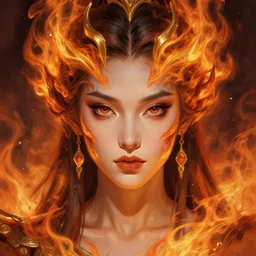 face portrait of the empress of flames, perfect face details, symmetry, digital painting, trending on artstation and deviantart, epic composition, dynamic, highly detailed, ross draws, wlop, 8 k