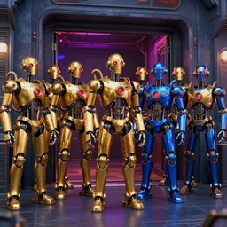 a queue of 7 golden and blue metal humanoid steampunk robots in front of an entrance door to a futuristic nightclub, robots are wearing and gears and tubes, eyes are glowing red lightbulbs, shiny crisp finish, 3 d render, 8 k, insaneley detailed, fluorescent colors, nightlight
