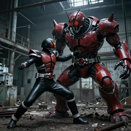 arthurian knight inspired Kamen Rider fighting a dark red giant biomechanical Monster in an abandoned electrical plant, action scene, fight scene, hand to hand combat, rubber undersuit, moody colors, 4k, glowing eyes in helmet, industrial environment, horror movie cinematography, moody lighting, electrical plant location, hyper realistic