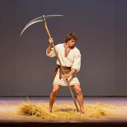 on stage, concept art, man with scythe, mowing of the hay, traditional romanian clothing, dramatic lighting, beautiful, volumetric lighting, colorful, octane render