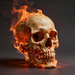studio photographic portrait of a skull on flames, burning red hot sparks rise, fiery orange glowing flying particles, ornate, stunning, cinematic, shadow, smoke, intricate digital art, abstract art, realistic photo, sharp focus, high resolution, high quality, dramatic lighting, masterpiece, artgem, trending on artstation