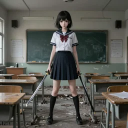 School girl holding a katana and standing on an abandoned classroom , by Konstantin Razumov, horror scene, highly detailded